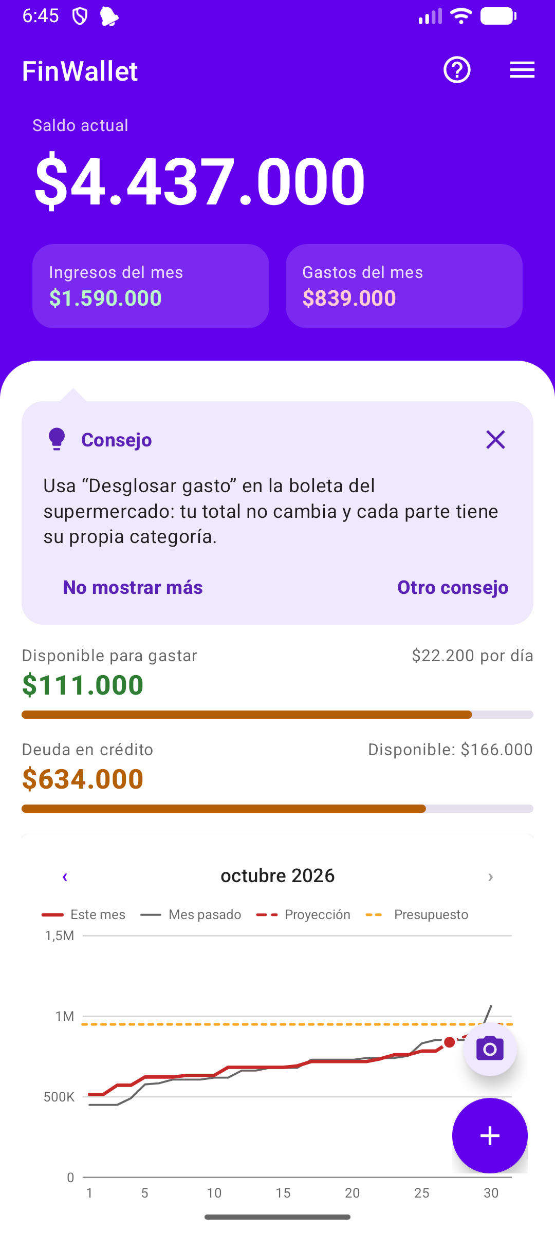Pantalla Resumen de FinWallet: saldo, ingresos y gastos del mes, y gráfico del ritmo de gasto