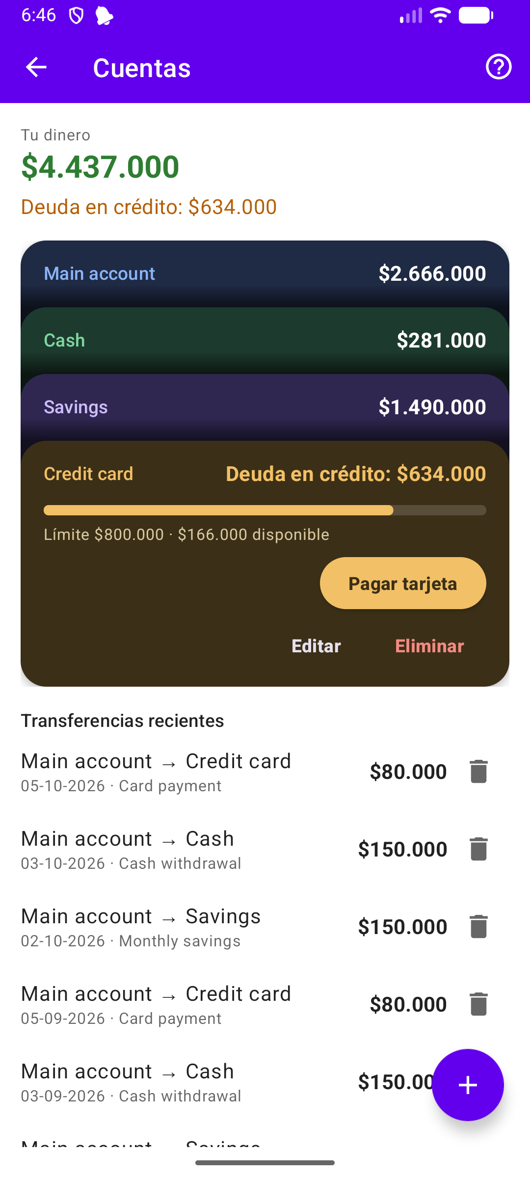 Pantalla Cuentas con varias cuentas, una tarjeta de crédito con su cupo y el botón Pagar tarjeta