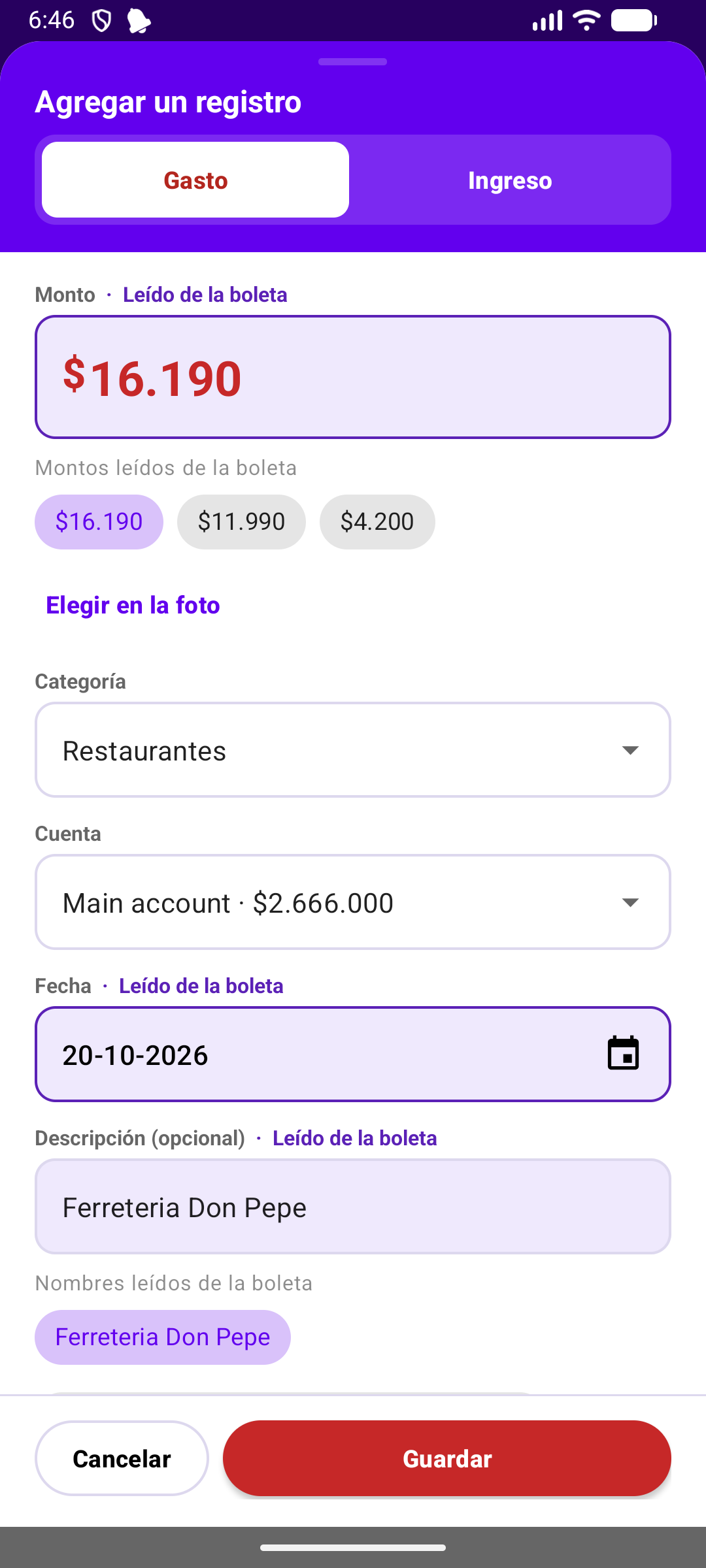 Formulario de registro con el monto, la fecha y la descripción leídos de una boleta y marcados como Leído de la boleta