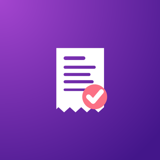 Ícono de FinWallet: una boleta con una insignia de verificación sobre fondo morado